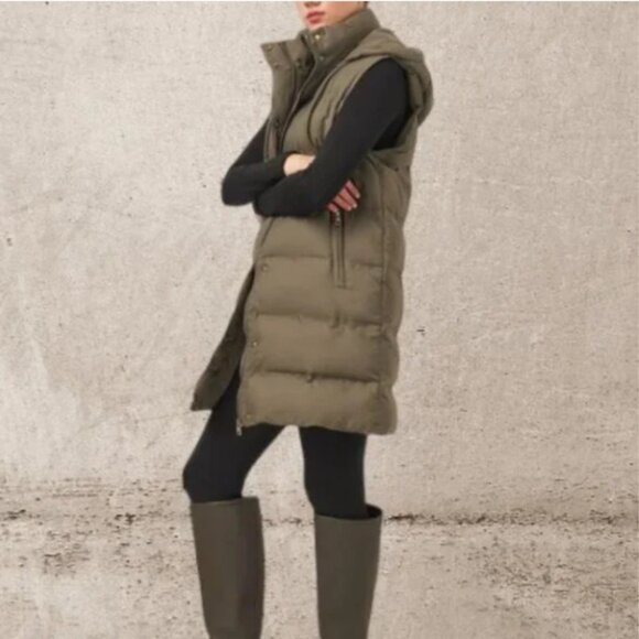 NWT Zara Sleeveless Hooded Puffer Jacket Coat Long size Large Taupe Green - Picture 1 of 8
